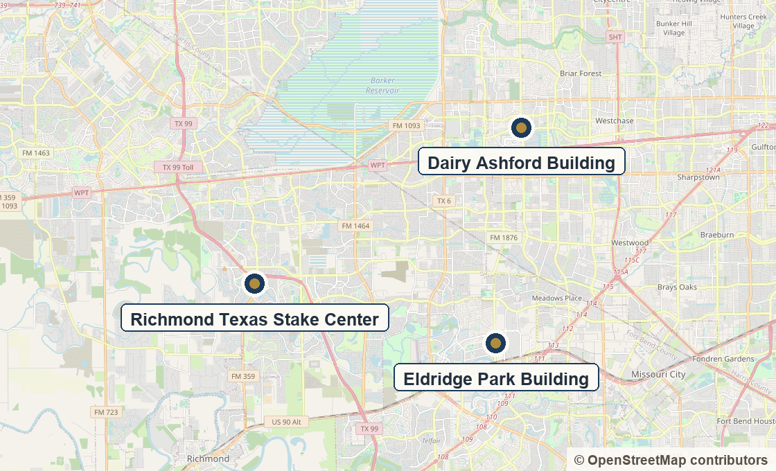 Map of west Houston and Fort Bend County marking the stake's three meetinghouses: the Richmond Texas Stake Center, the Dairy Ashford Building, and the Eldridge Park Building.